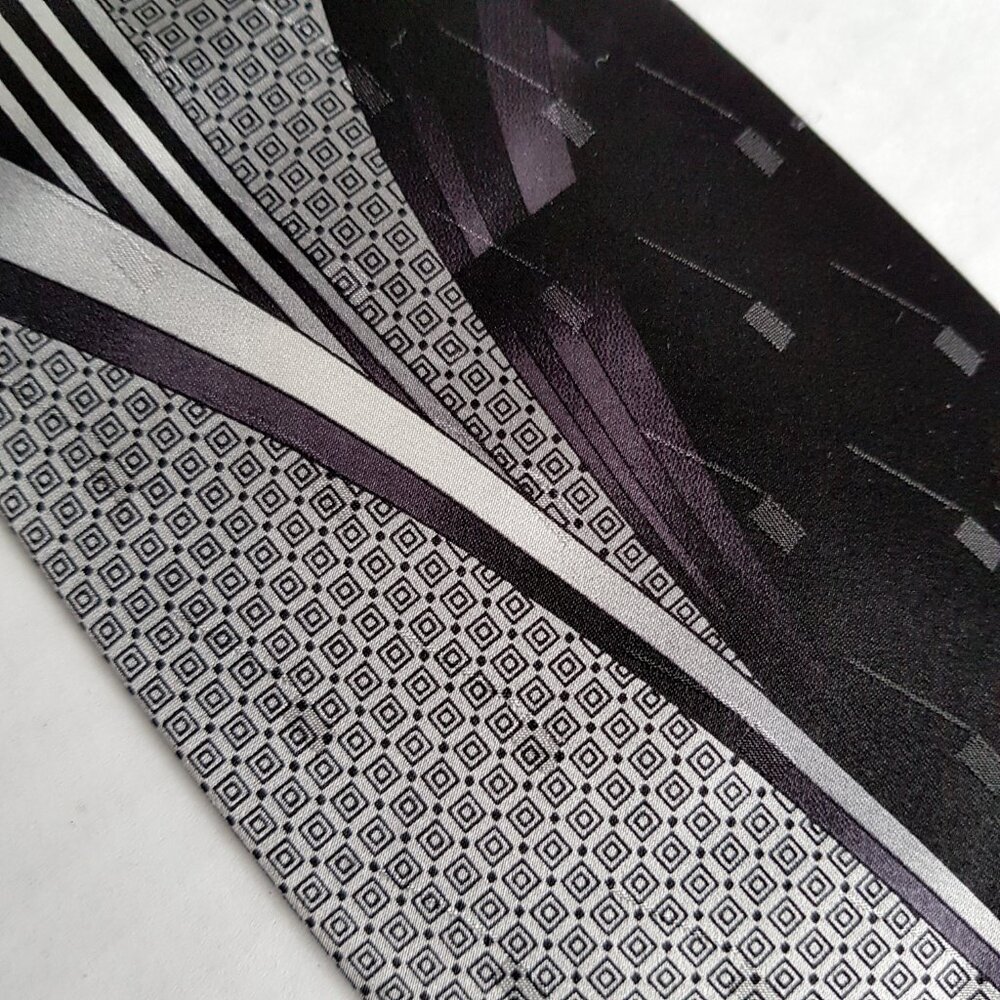 Pierre Cardin Silk Tie Black Silver Geometric Art Deco Executive Minimalist